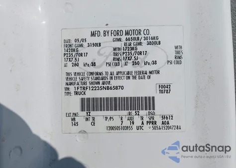 2005 Ford F-150 Stx/Xl/Xlt z USA, uszkodzony, nr VIN 1FTRF12235NB65870